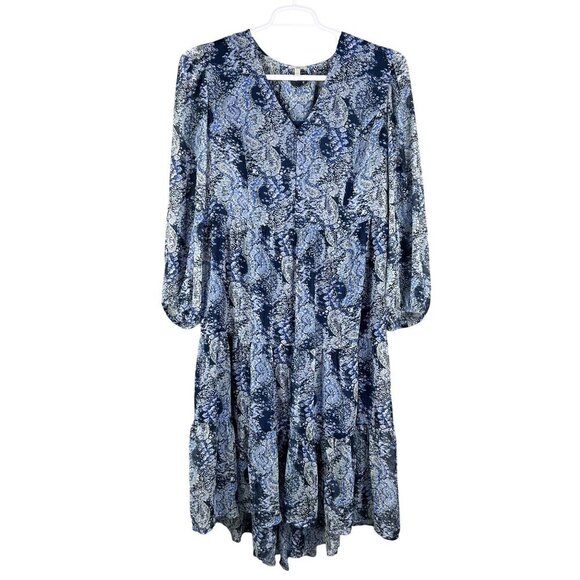 NWT Joie L Midi Dress Blue White Abstract Bohemian Balloon Sleeves Chiffon Flowy - Picture 7 of 16